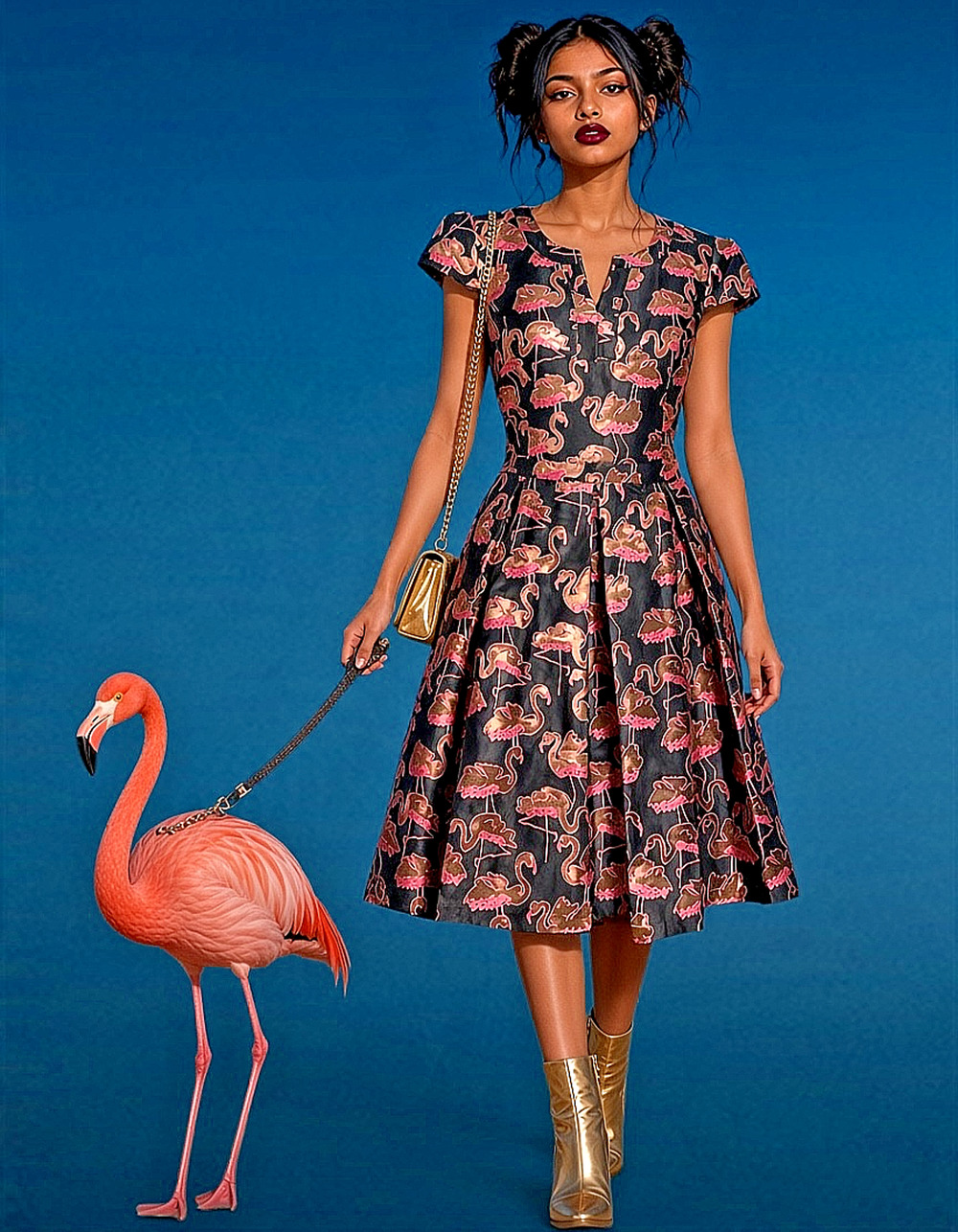 ModCloth Flamingo Jacquard Fit & Flare Dress Pink Gold Black Party Rockabilly